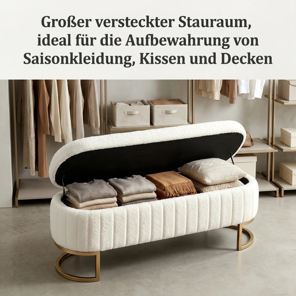 Panca da letto contenitore in velluto con seduta imbottita e piedi in metallo dorato, crema 130 cm