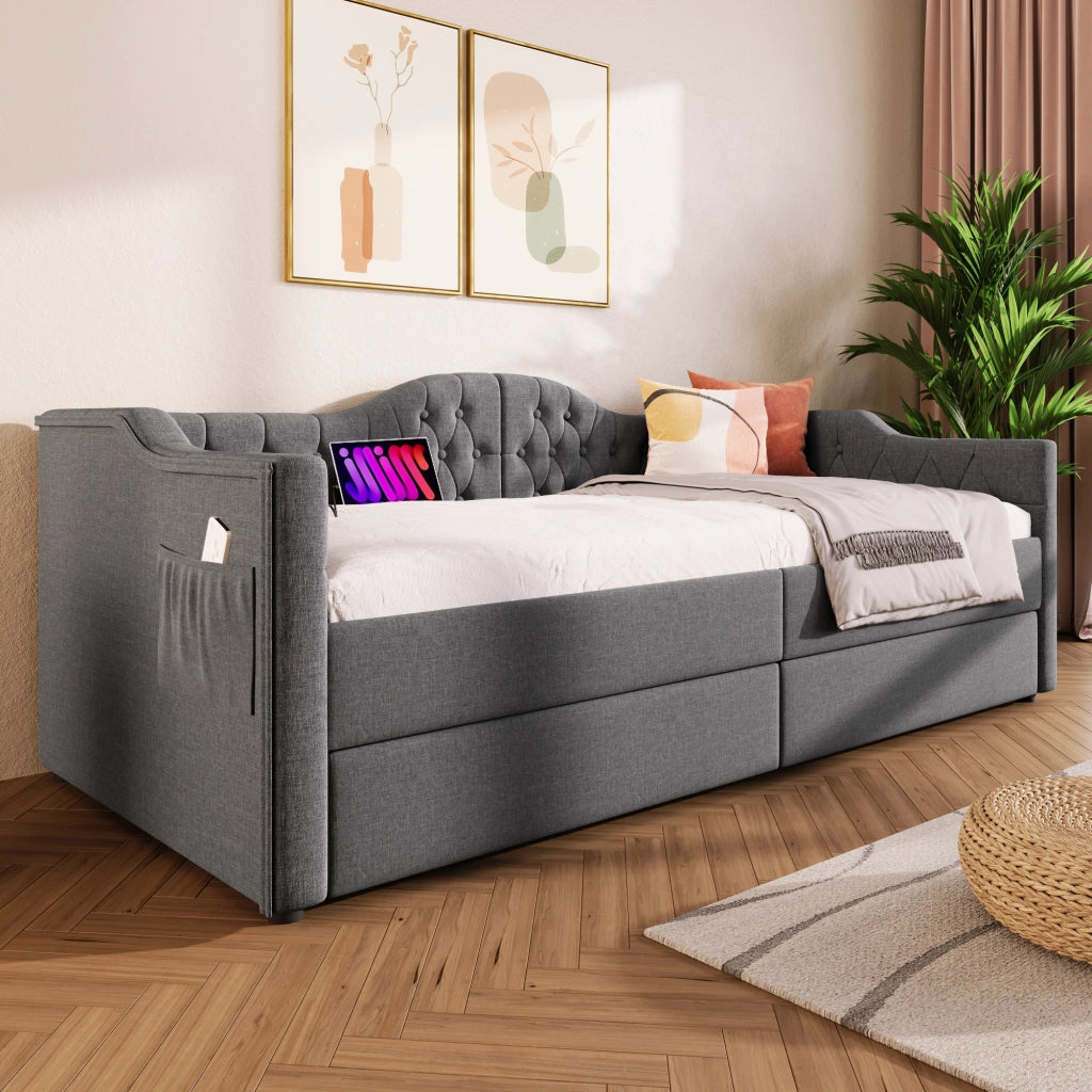 LETTO Daybed 90x200 cm in Lino Grigio con USB Type C e 2 cassetti