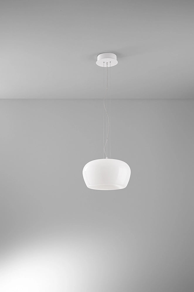 Lampada a Sospensione LED 20W in Vetro Bianco Lucido e Struttura Bianco Opaco D.38cm - Design Moderno ed Elegante per Interni - Perenz