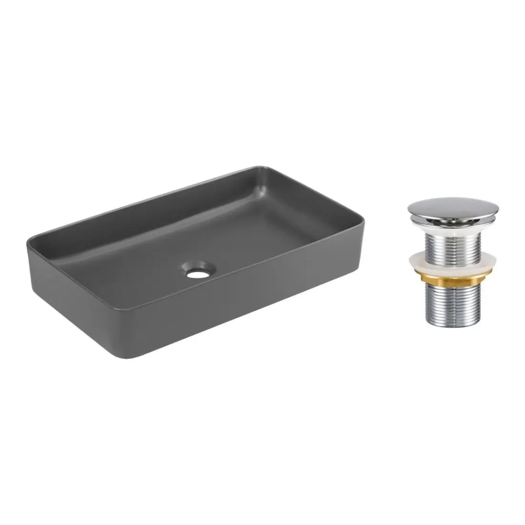 Lavabo da appoggio rettangolare 61x34 cm grigio opaco in ceramica con piletta clic-clac