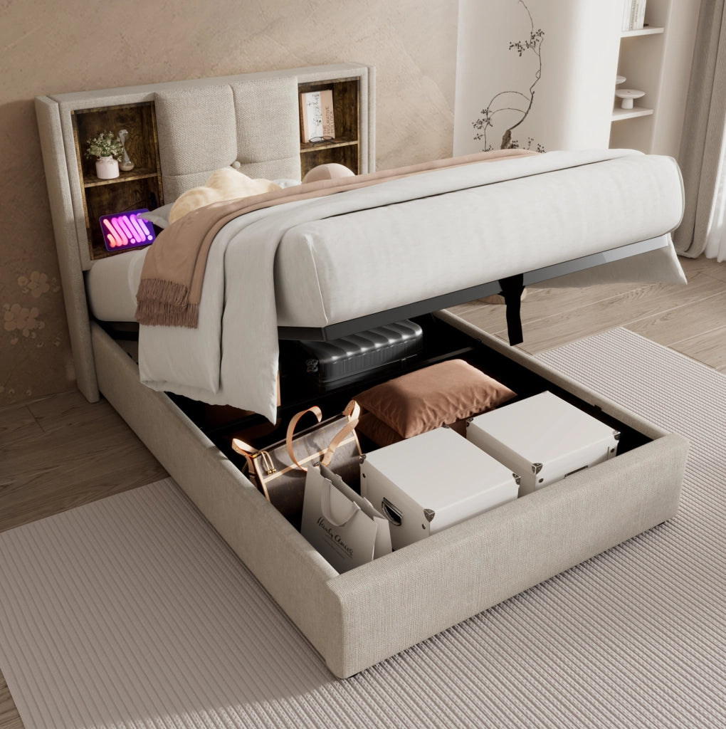 Letto imbottito 90x200 cm con ricarica wireless, USB e ampio contenitore