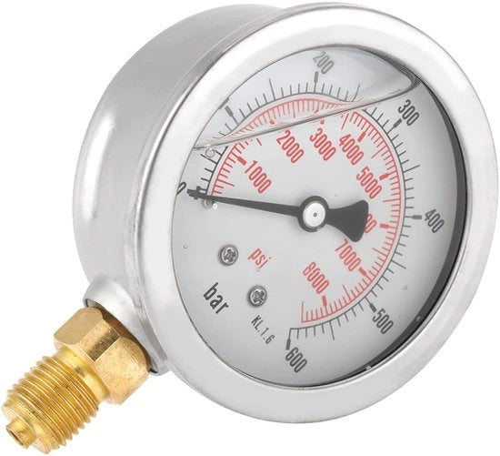 Manometro 0-600 bar - Drukmeter - Manometro idraulico - Scatola esterna in metallo - Connettore G1/4 - Disco indicatore 63mm