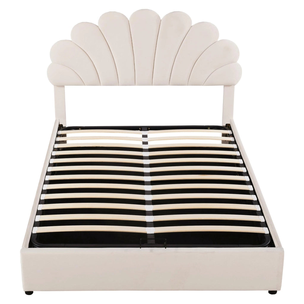 Letto imbottito 140 x 200 cm in velluto beige con testiera floreale e contenitore
