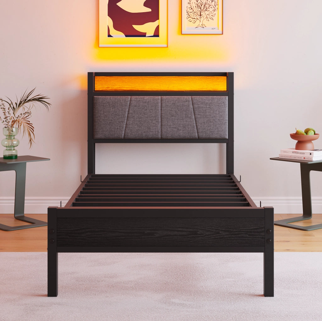 Letto singolo 90x200 cm con LED; testiera contenitore e ricarica USB; MDF e metallo; nero