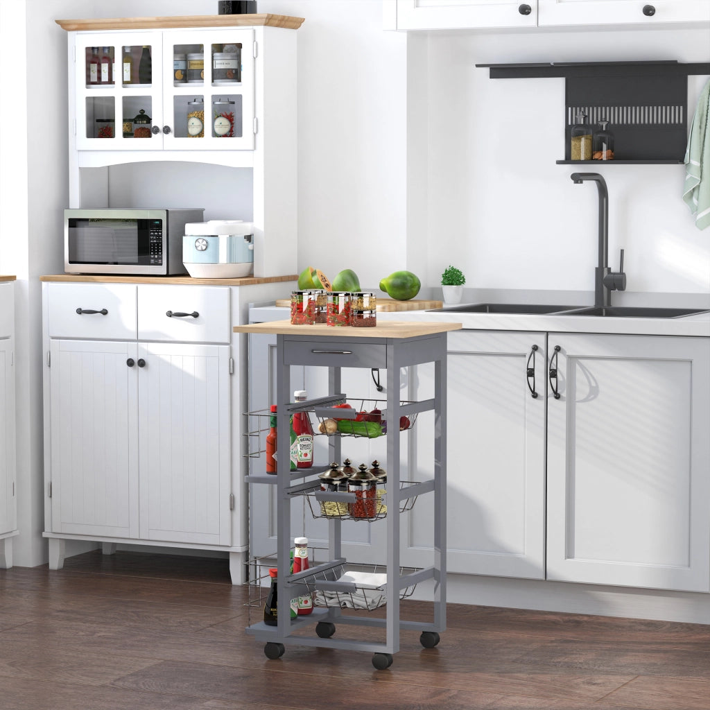 Carrello da Cucina con Cassetti e Portabottiglie ¨C zephmum ¨C Legno di Pino e Metallo 47x37x83