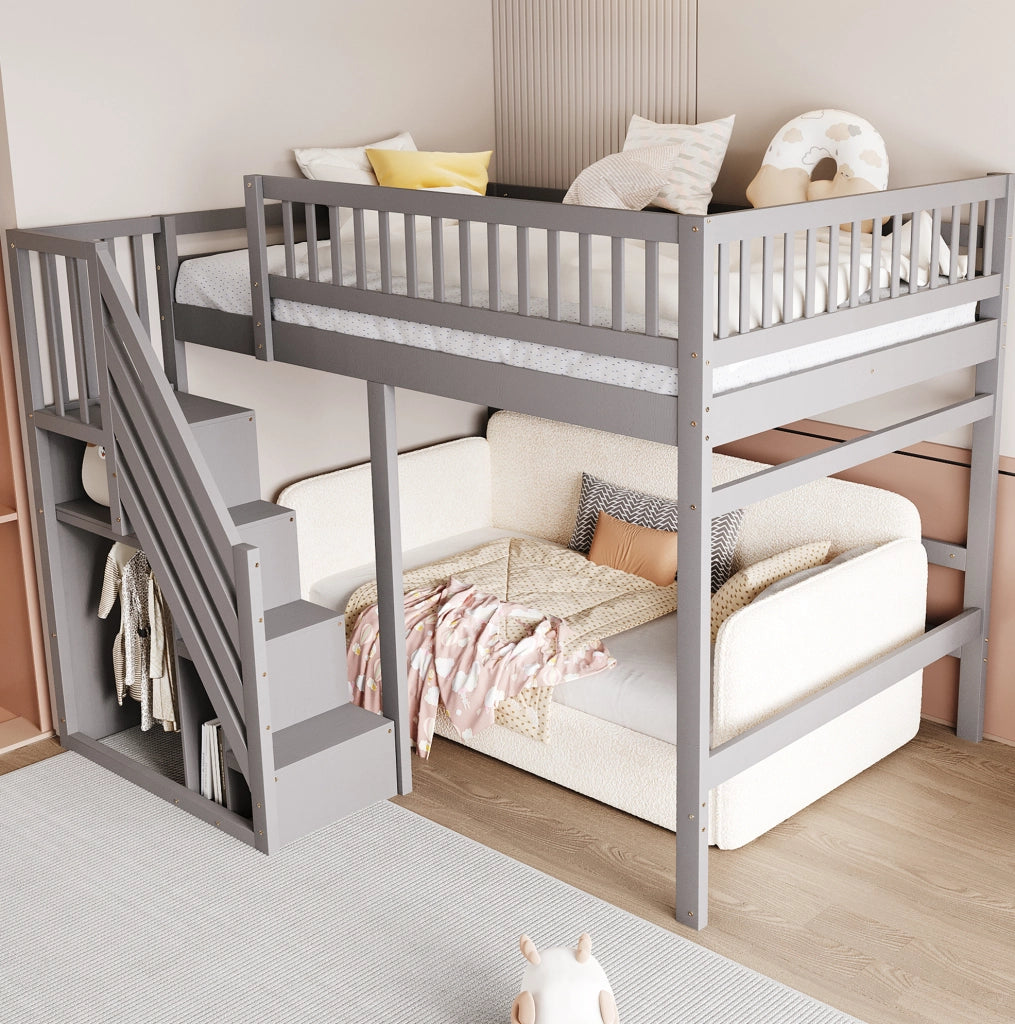 Letto singolo in legno massello 140x200 cm con scala contenitore e sponde alte; grigio