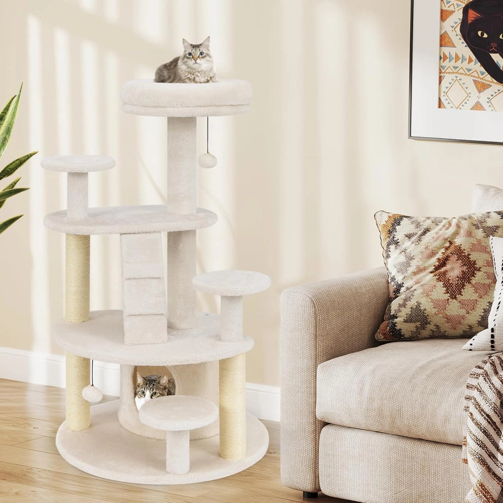 Albero per Gatti Adulti, Torre per Gatti Alta 101 cm con Condominio, Piattaforma Imbottita, Tiragraffi, Pallina di Peluche Pendente e Scala, Albero Tiragraffi in Legno per Interno (Bianco)