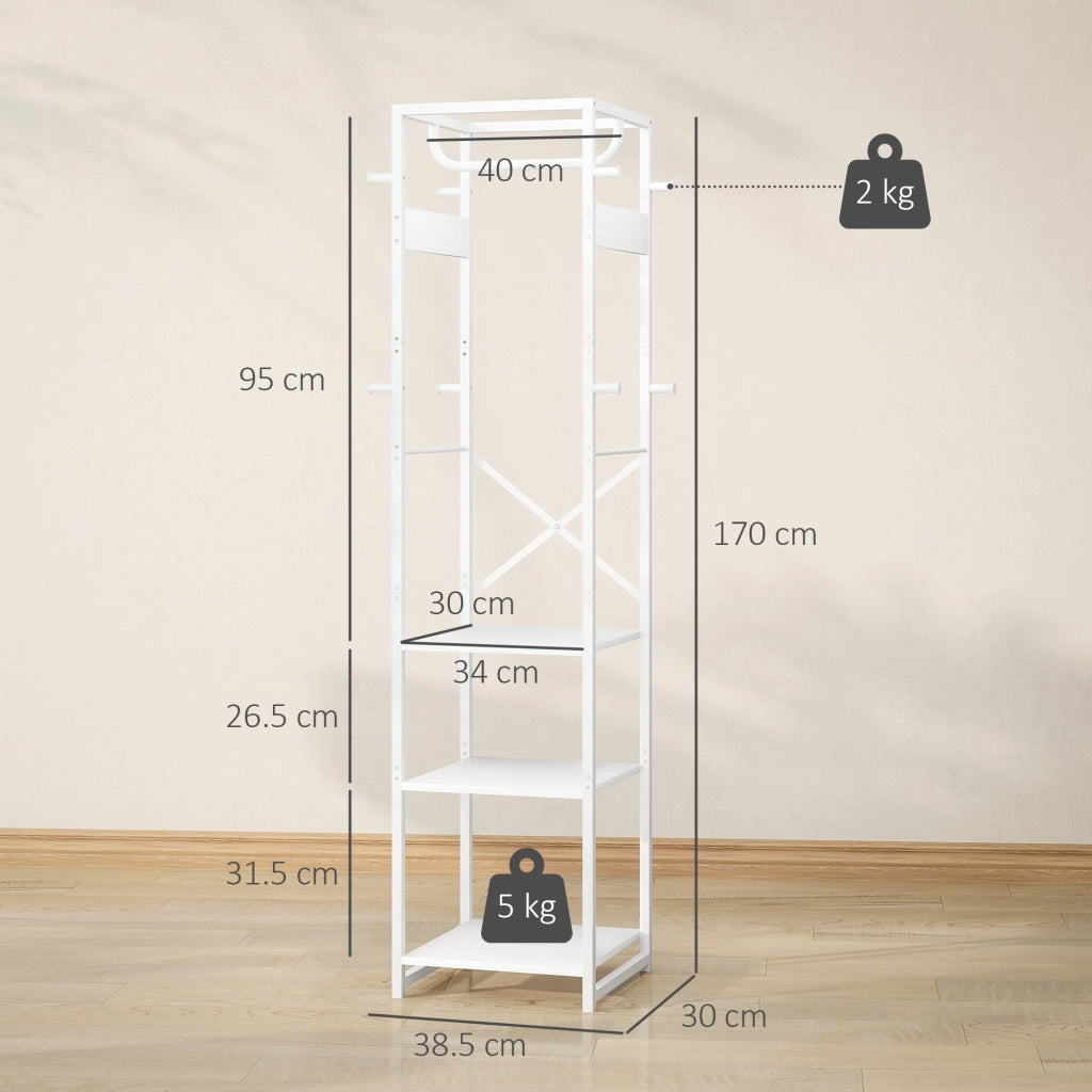 Appendiabiti da Terra con Asta e Ripiani ¨C Zephmum ¨C Legno e Acciaio, Bianco, 38.5x30x170 cm