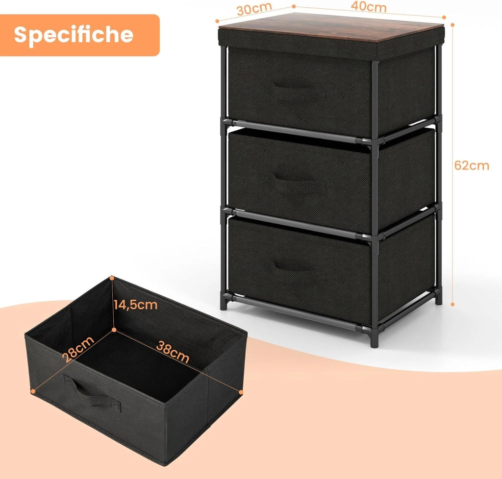 Cassettiera in Tessuto, Mobile con 3 Cassetti e Struttura Robusta in Metallo, Armadio per Camera da Letto, Soggiorno, Ingresso, 40 x 30 x 62 cm (Nero 2 Pezzi)
