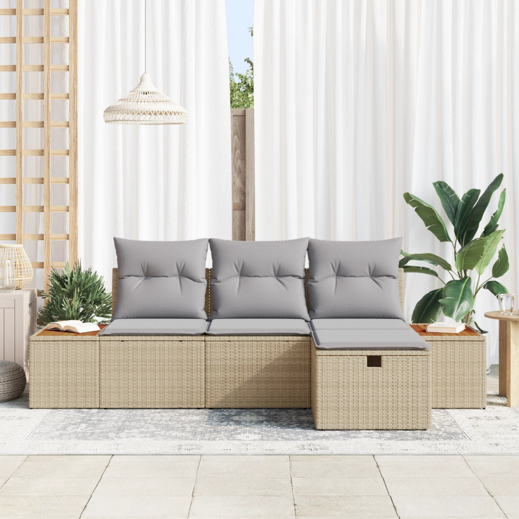 Set di divani da giardino da 4 pezzi con cuscini beige in rattan poliestere