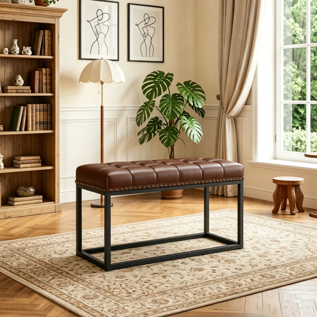 Panca imbottita vintage 96,2 cm con seduta capitonné in similpelle e struttura in metallo nero e marrone