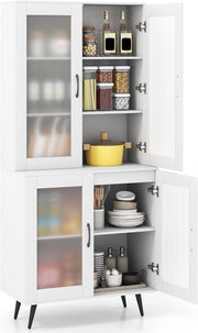 Credenza da Cucina Salvaspazio, Armadio Dispensa con 4 Ante Trasparenti, Ripiano Regolabile e Gambe in Metallo, Mobiletto Alto per Soggiorno e Sala da Pranzo, 80 x 40 x 178,5 cm (Bianco)
