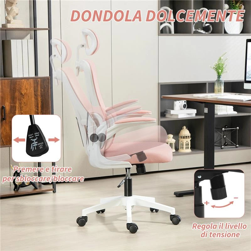 SEDIA DA UFFICIO REGOLABILE E RECLINABILE CON POGGIATESTA RIMOVIBILE, IN TESSUTO A RETE, 60X59X114-122 CM, ROSA