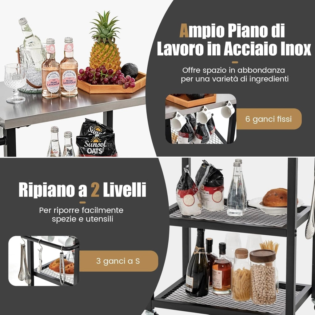 Carrello Grill da Esterno a 2/3 Piani, Supporto per Forno per con Piano e Maniglia in Acciaio Inossidabile, Carrello per Barbecue con Ganci e Ruote, Multiuso(3 Livelli)