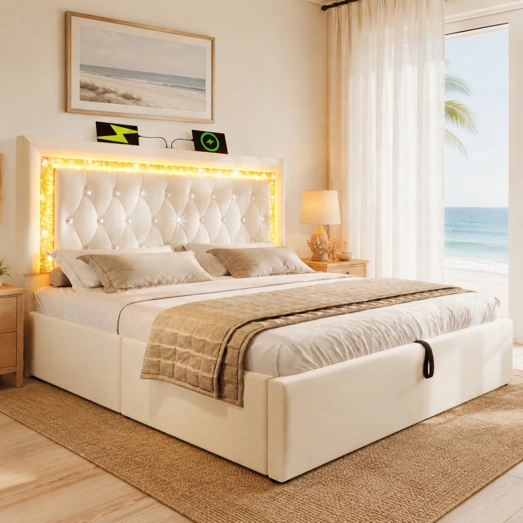 LETTO 180x200 cm in Velluto Beige con LED, USB e USB-C, contenitore idraulico