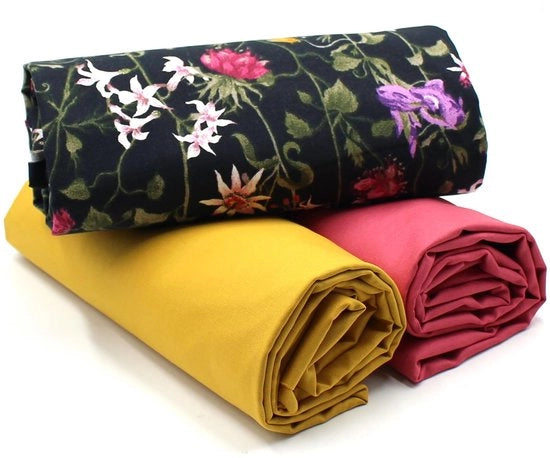 Set di tessuto in cotone da 1,5m con design + 2x selezione di tessuto a colori uniformi 100% cotone (bloemenset41)