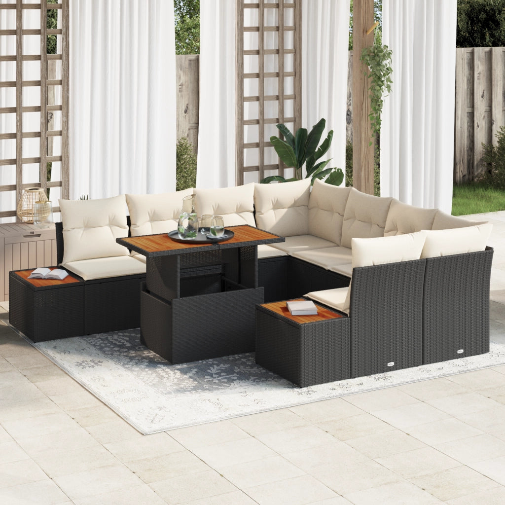 Set Divano da Giardino 9 Pezzi con Cuscini Nero in Rattan Sintetico