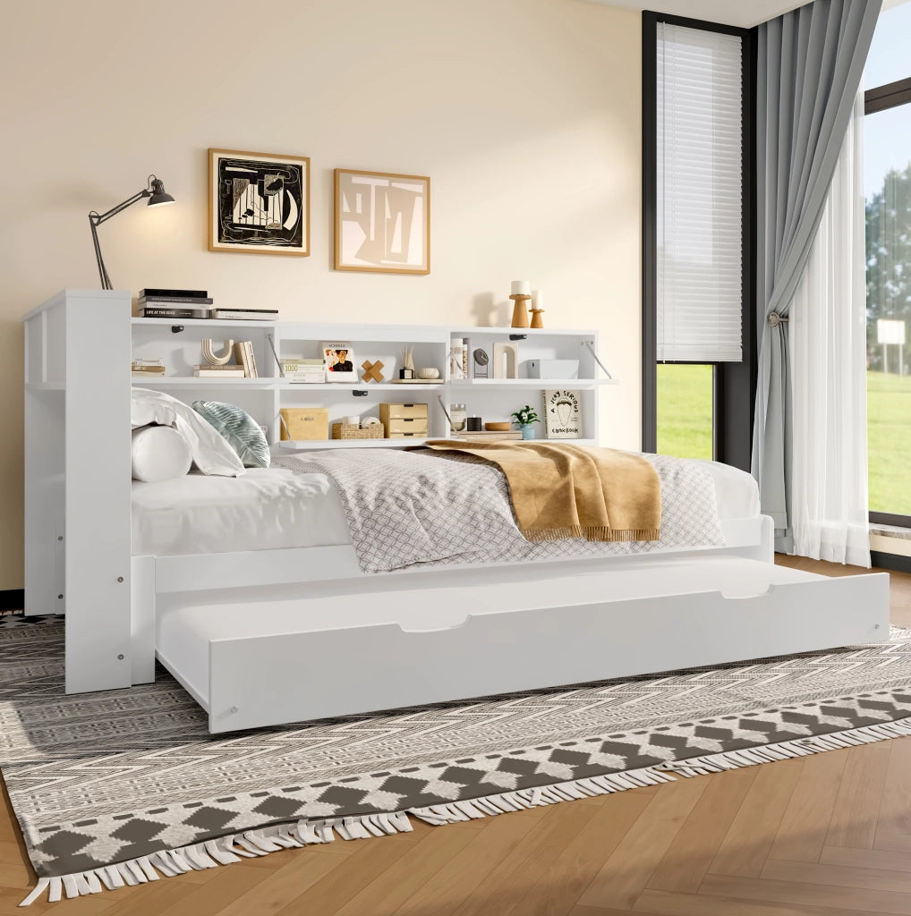 Letto 90x200 cm con testiera contenitore ed estraibile in legno bianco