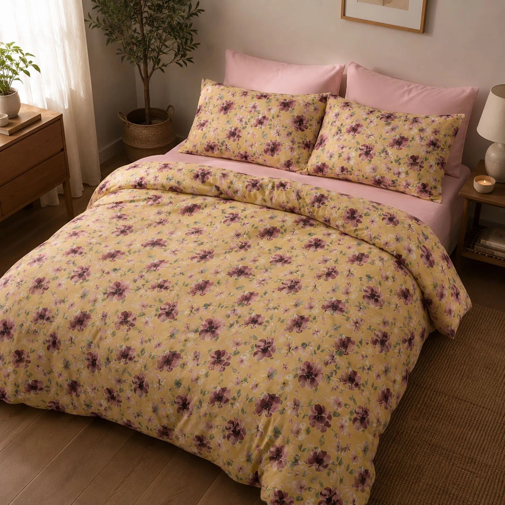 Rorika, set Completo Letto Matrimoniale in Percalle, Giallo Senape