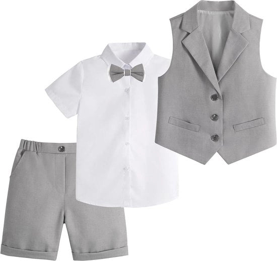 Sposo Ragazzo Abito da Matrimonio con Giacca, Pantaloni Corti, Camicia e Maglione Grigio Scuro 5-6 Anni