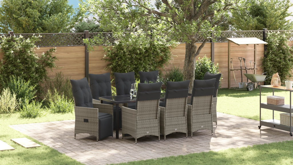 Set da Pranzo da Giardino 9 Pezzi con Cuscini Grigio Polirattan