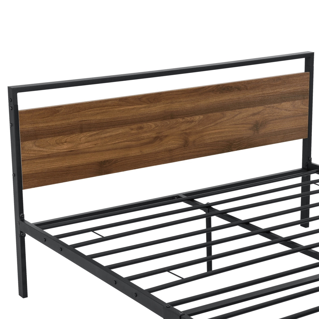 Struttura Letto in Acciaio 140 x 200 cm Testiera e Pediera Decorate con Panelli in Effetto Legno di Color Noce Letto Francese/Matrimoniale in Stile Moderno - Nero