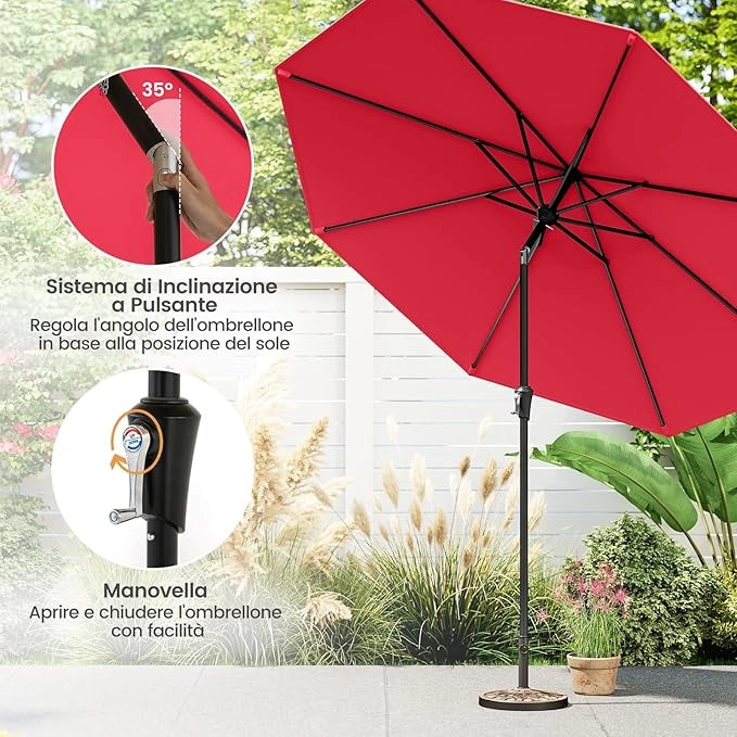 Ombrellone da Giardino 270 cm, Ombrellone da Esterno con Inclinazione Regolabile, Manovella, 8 Stecche, Tettuccio Ventilato, Ombrellone Parasole per Spiaggia, Bordo Piscina