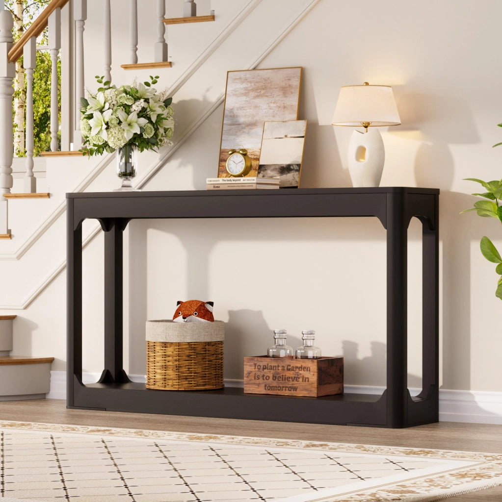 Tavolo consolle nero 140 cm in MDF con ripiani aperti
