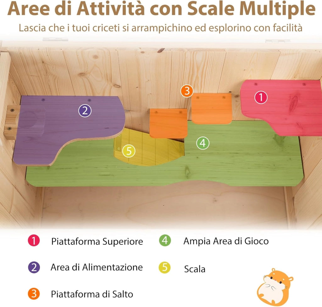 Gabbia per Criceti, Gabbia Criceti in Legno con Tetto Ribaltabile in Rete, Aree Multi-Scala, Rampa, Pannello in Acrilico e Porta Bloccabile, 60 x 35,5 x 42 cm