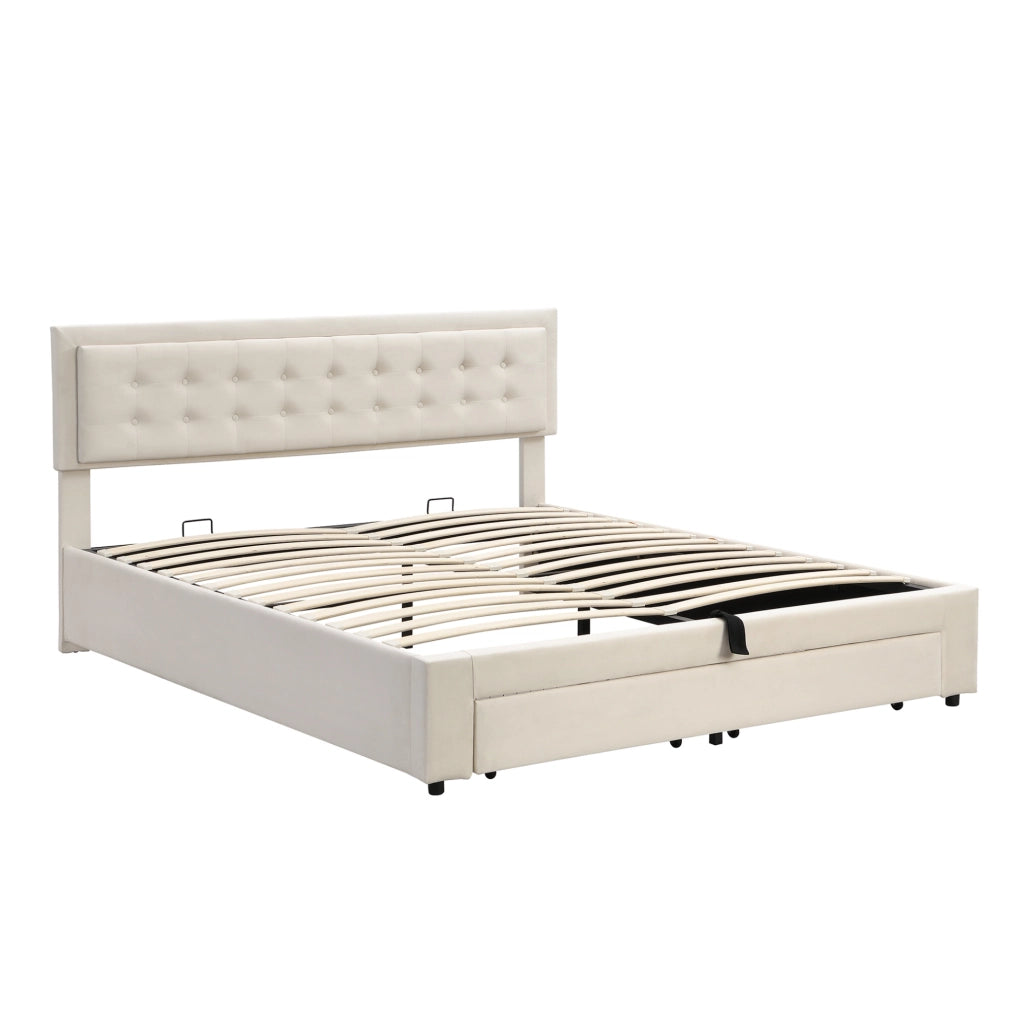 Letto matrimoniale 160x200 cm in velluto beige con contenitore; testiera regolabile e cassetti
