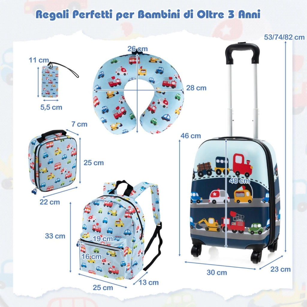Valigie per bambini 5 pezzi con ruote, Valigia con cuscino per il collo etichetta per bagaglio per ragazzi e ragazze Blu