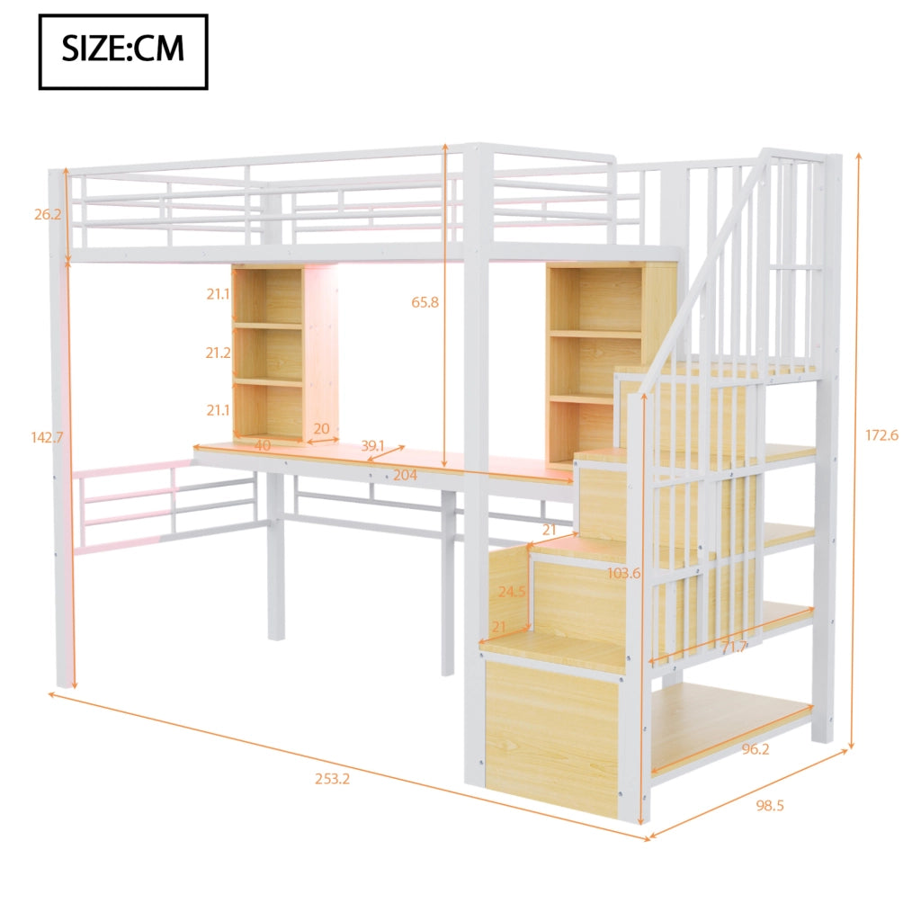Letto a soppalco 90x200 cm con scrivania; scala contenitore; LED e presa europea; bianco