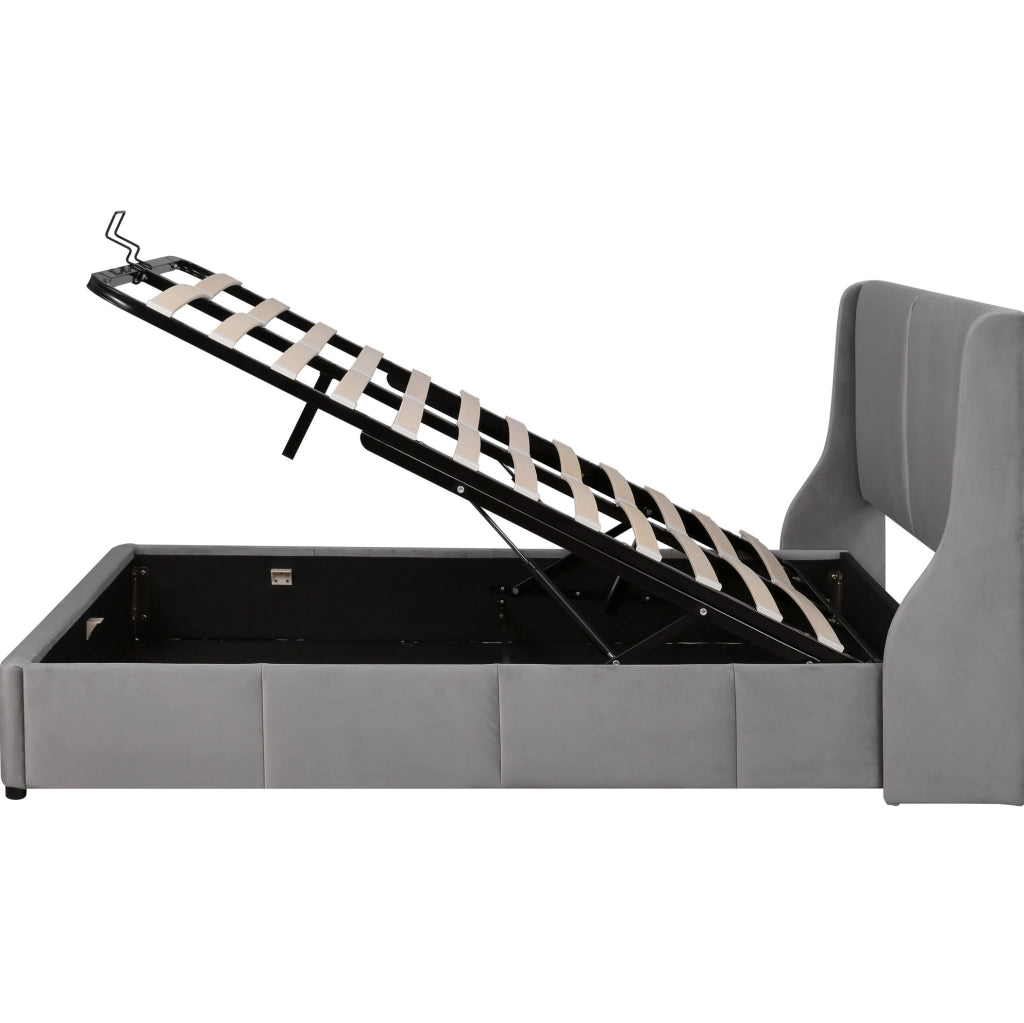Letto contenitore 140x190 cm; testiera a orecchie; velluto grigio (Senza materasso)