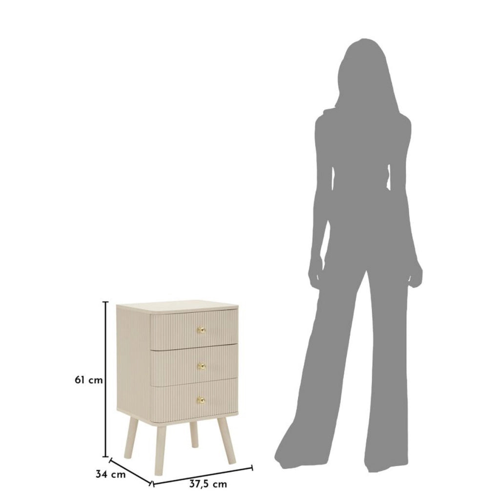 Comodino Shy a 3 cassetti in legno bianco e dettagli oro