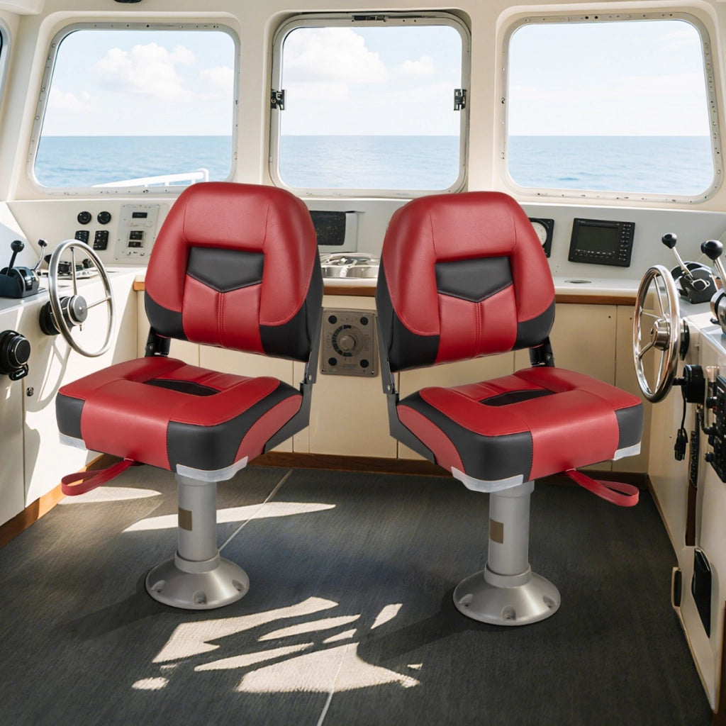 Set di 2 sedie pieghevoli con schienale basso per barca, Sedile yacht ergonomici con schiuma spessa Nero e rosso