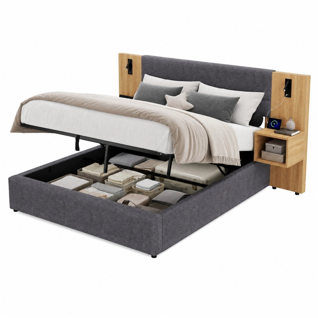 Letto contenitore 180x200 cm in velluto con USB, illuminazione, 2 comodini e rete a doghe