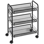 Carrello da Cucina a 3 Livelli con Cesti Removibili e 4 Ruote, in Acciaio e Plastica PP, 41.5Lx26.5x63 cm, Nero