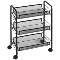 Carrello da Cucina a 3 Livelli con Cesti Removibili e 4 Ruote, in Acciaio e Plastica PP, 41.5Lx26.5x63 cm, Nero