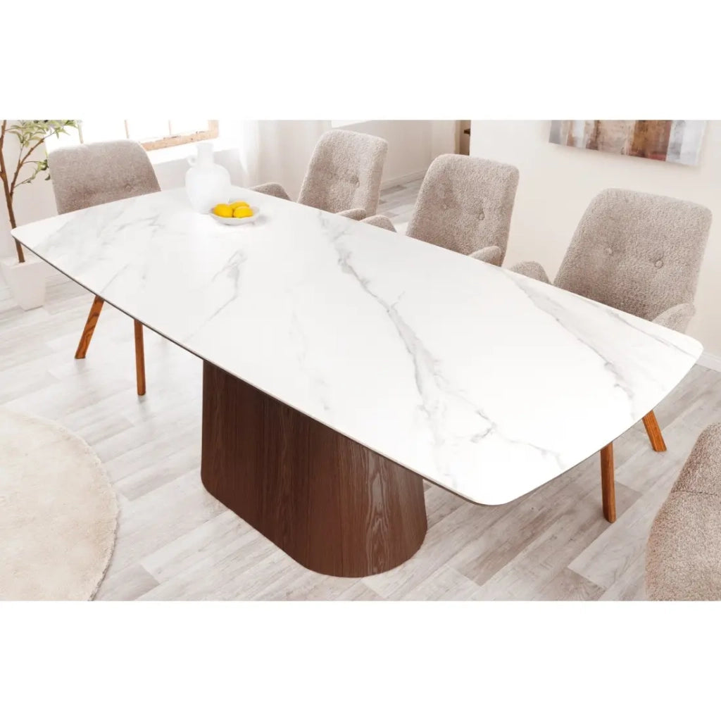 Tavolo rettangolare LUMEA – 200 cm – Piano in ceramica effetto marmo bianco e piede in legno scuro – Stile contemporaneo