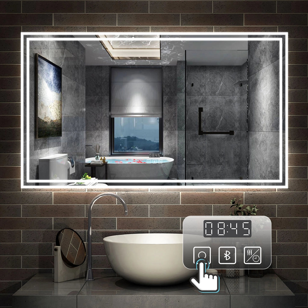 Aica Specchio da bagno a LED+140x80cm+Disappannamento+orologio+Bluetooth+3 Temperature di Colore