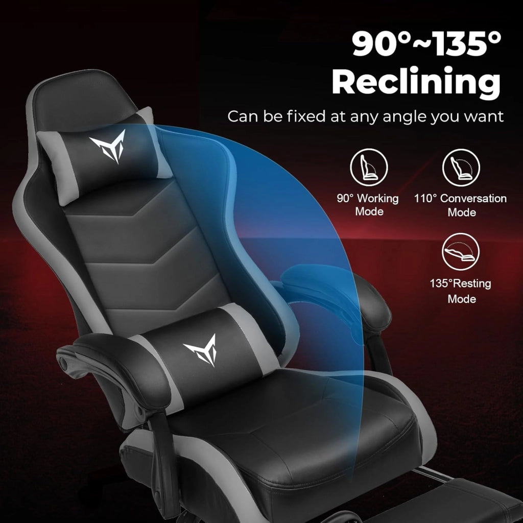 Sedia da Gaming Ufficio Ergonomica, Sedia da Gioco con Poggiapiedi, Poggiatesta e Supporto Lombare Regolabili, Poltrona da Gaming, Grigio