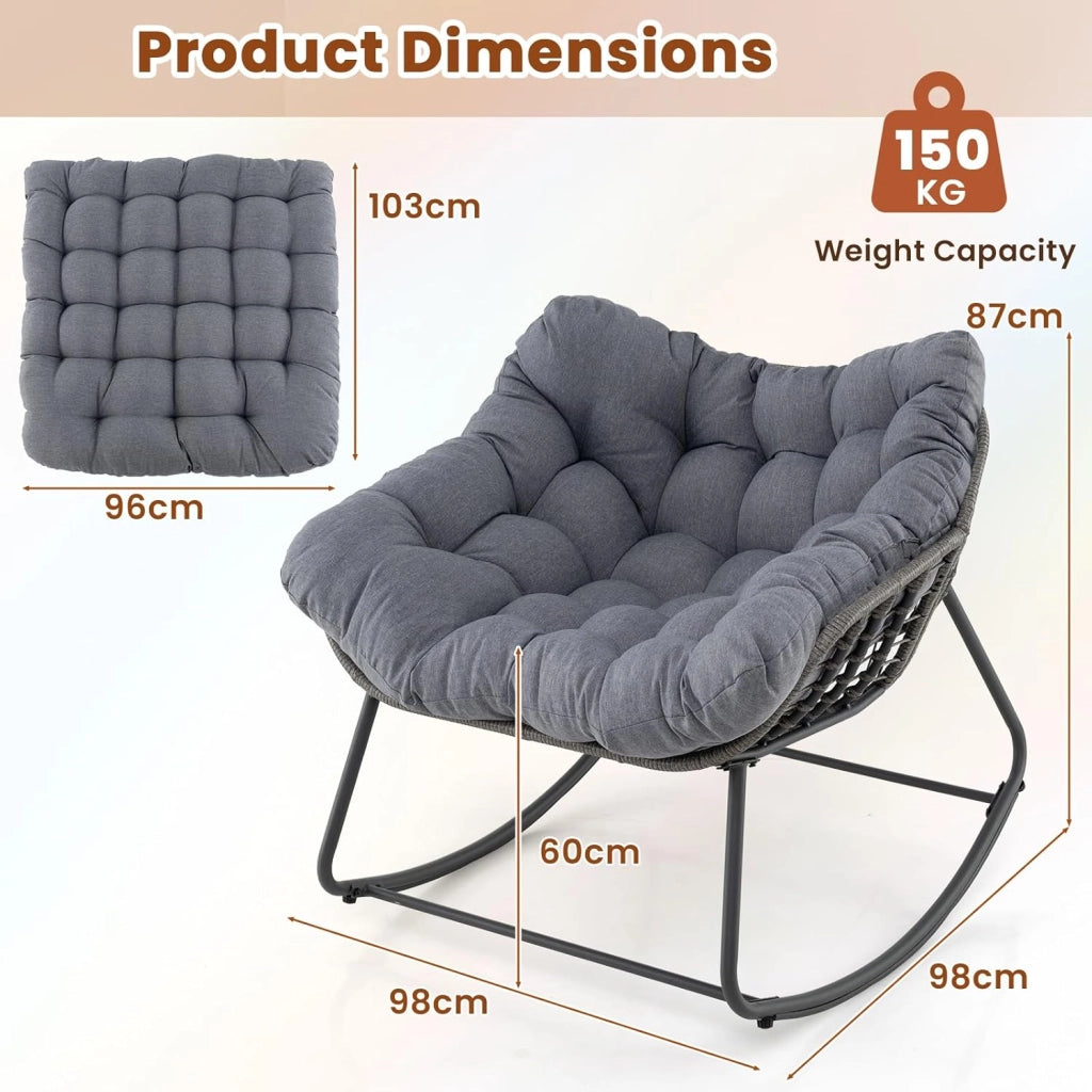 Sedia a Dondolo con Cuscino, Sedia da Relax Ampia e Avvolgente, con Struttura in Metallo, Seduta in Rattan, Cuscino Morbido Imbottito, per Soggiorno, Studio, Balcone, Nero (Grigio)