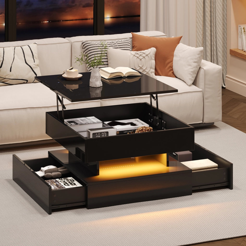Tavolino da caffè elevabile LED nero 65x65 cm con 2 cassetti
