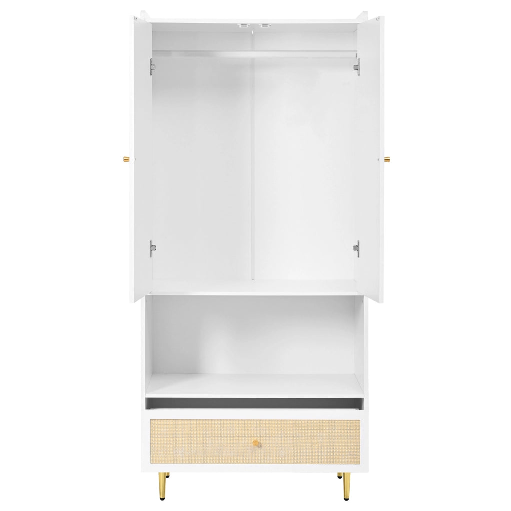 Armadio bianco con cassetto in rattan 80x48x175 cm