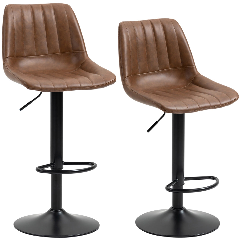 Set di 2 sgabelli da bar vintage regolabili in altezza, in ecopelle marrone, con schienale e poggiapiedi