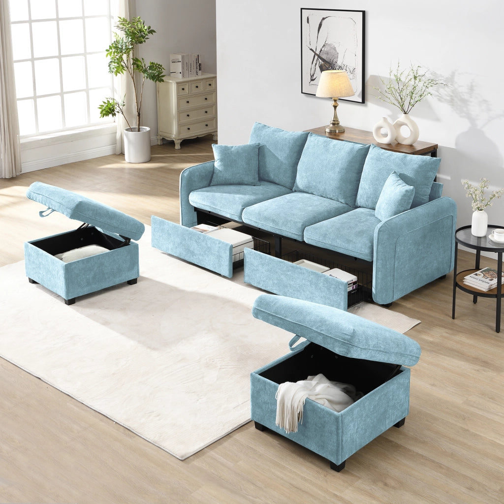 Divano angolare a U convertibile con funzione letto e contenitore, in chenille blu con pouf portaoggetti 3 pezzi