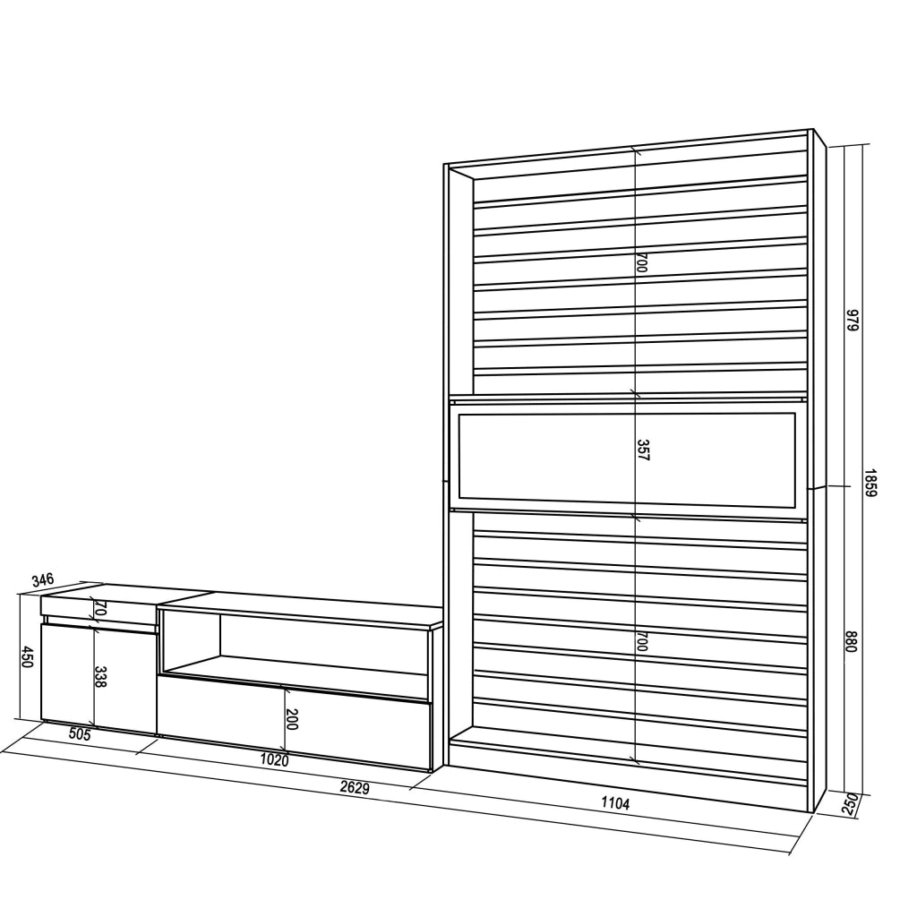 Mobile TV, Soggiorno, 260x35x186cm, Per TV fino a 65", Camino elettrico, colore Rovere e nero RF2540