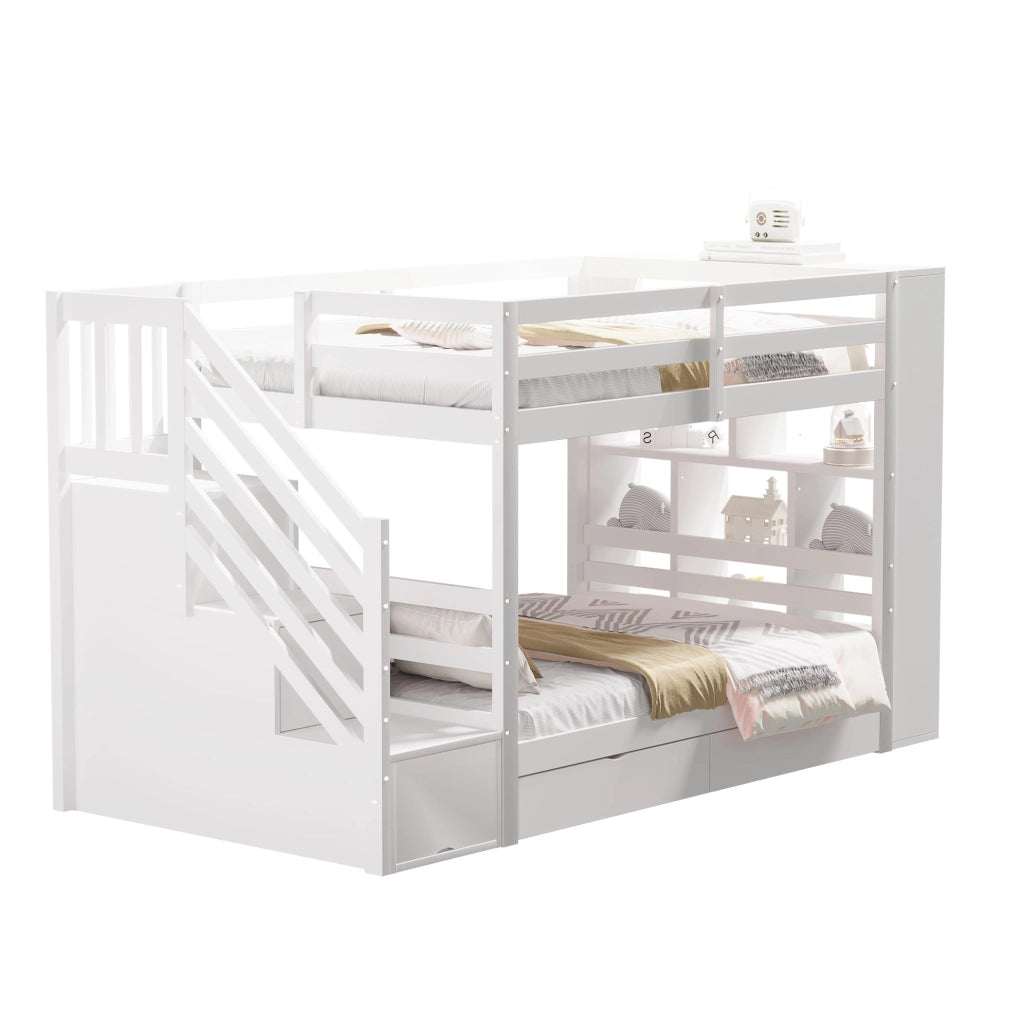 Letto a castello 90x200 cm con scala contenitore, bianco