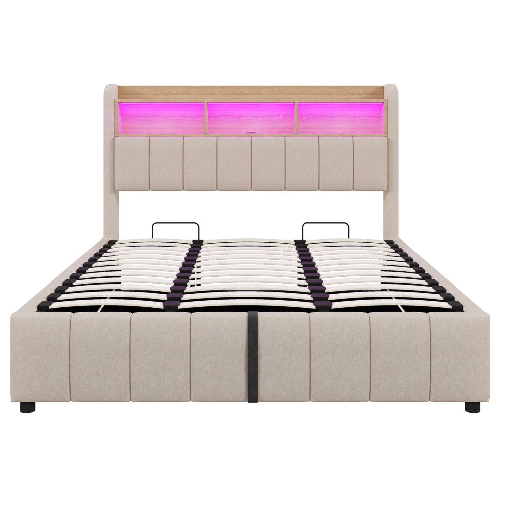 Letto imbottito 180x200 cm con LED, porte USB e contenitore con sollevamento idraulico