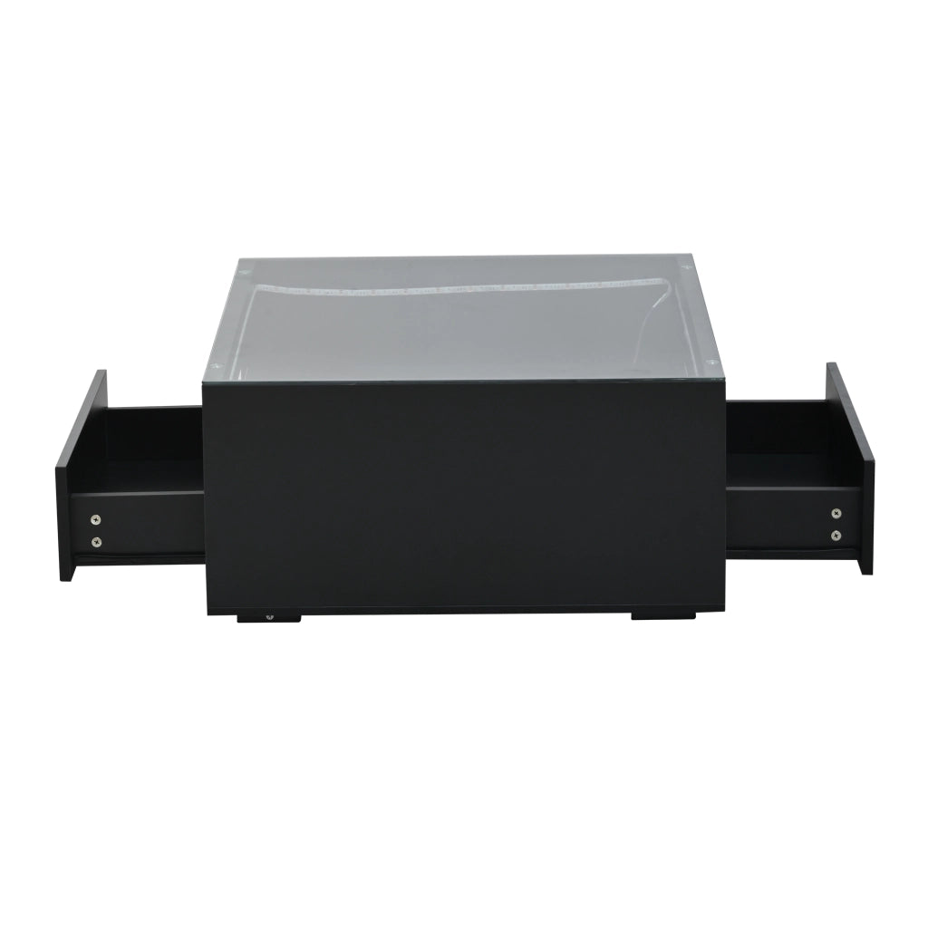 Tavolino da caffè 70x70x35 cm; 2 cassetti con LED; MDF e vetro temperato nero